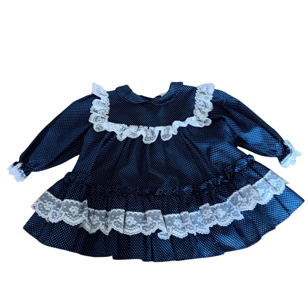 Vintage Baby Bryan Navy and White Polka Dot Lace Detail Dress Size 6-9 Months
